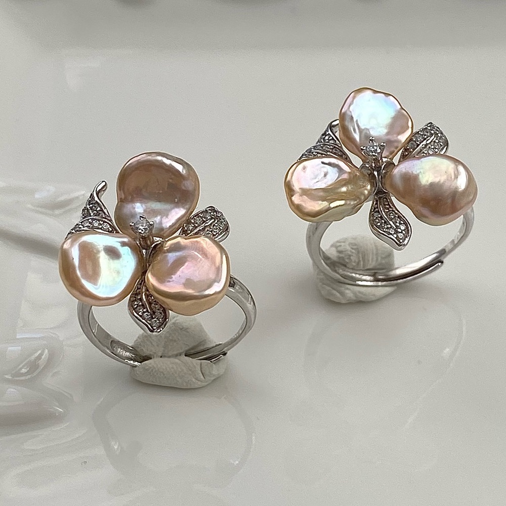 R37-Premium Champagne Petal Pearl S925 Adjustable Flower Ring